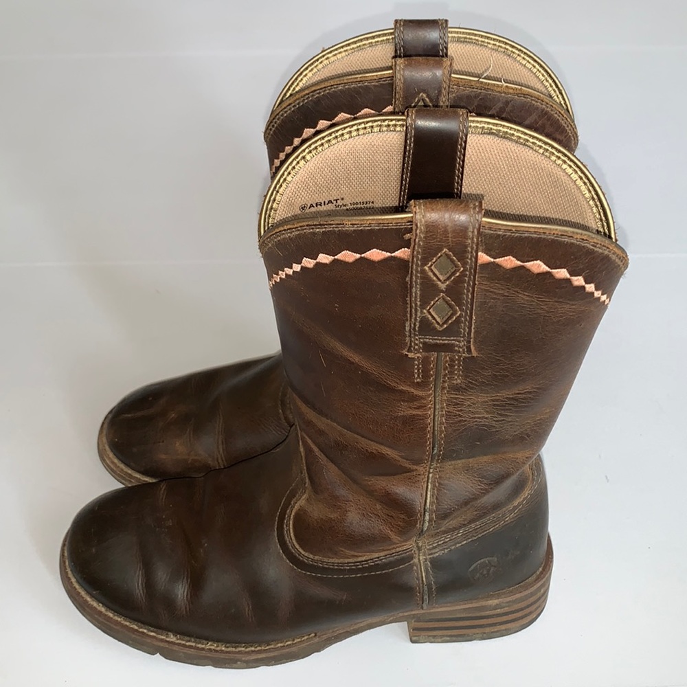 Ariat Brown Leather Heeled Western Boots with Pink Accent
